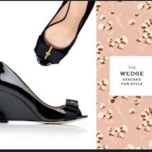 Tory Burch Black Patent Leather Wedge Sandals with Gold Logo Accent